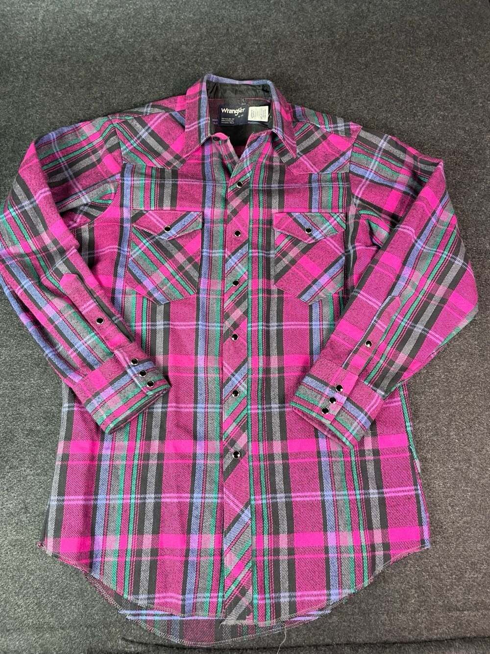 Wrangler Western Flannel Shirt Size 16-33 Pink Plaid Long Sleeve